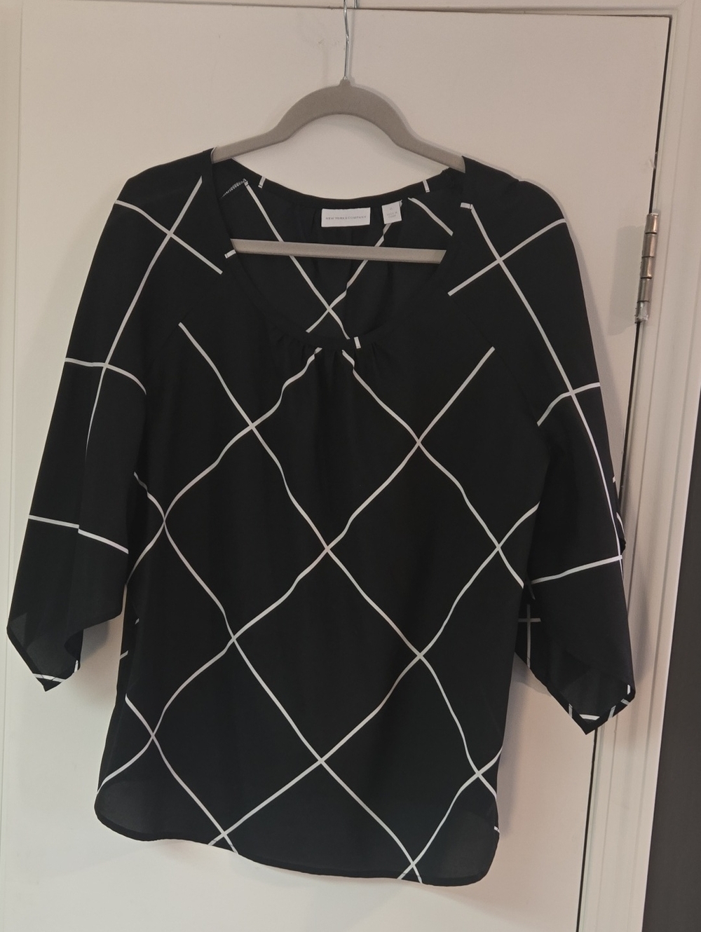 Women's Black & White Windowpane Blouse - Classic Work Top